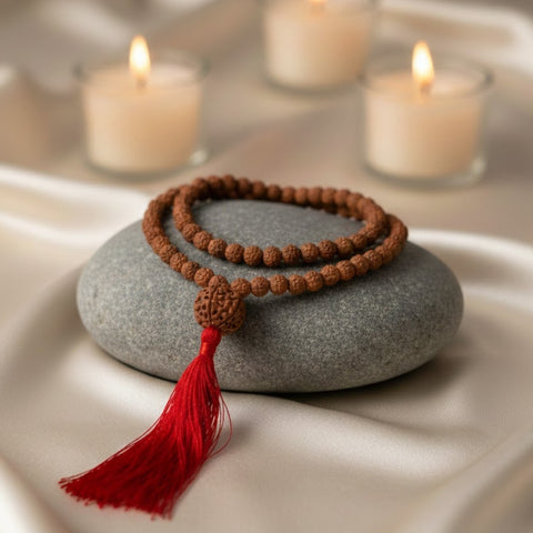 108 beads 8mm Pathariya Rudraksha mala with natural brown textured beads and a 5 Mukhi Sumeru bead at the center, traditional Hindu prayer necklace for meditation, chanting, and spiritual wear.India’s Premium Rudraksha Jap Mala Store- www.satvikstore.in