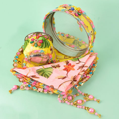 11 Pc Elegant Yellow & Baby Pink Embroidery Karwa Chauth Thali Set with Sieve, Kalash, Cover, and Full Pooja Kit. India’s Largest Pooja Accessories Brand - www.satvikstore.in