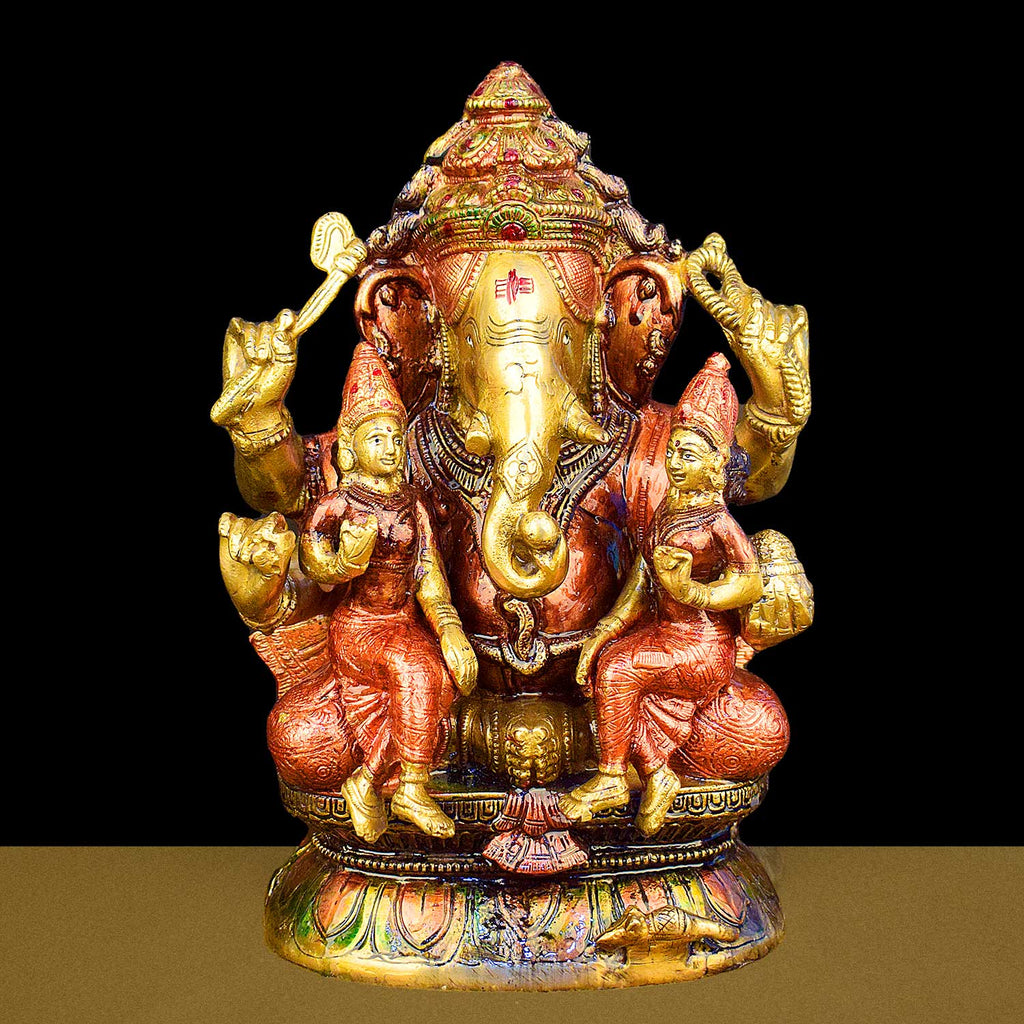 12.8-inch Lord Ganesha brass statue with Riddhi Siddhi, symbolizing prosperity, wisdom, and success, ideal for home temples and gifting. India’s Largest Brass Idols Brand - www.satvikstore.in
