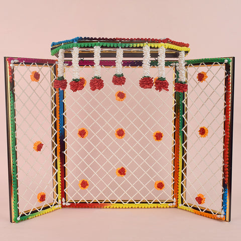 15 Inch Large Pretentious Ganesha Phool Bangla in vibrant multicolor artificial flowers, perfect for grand Ganpati festival decoration and idol backdrop. India’s Largest Pooja Accessories Brand – www.satvikstore.in