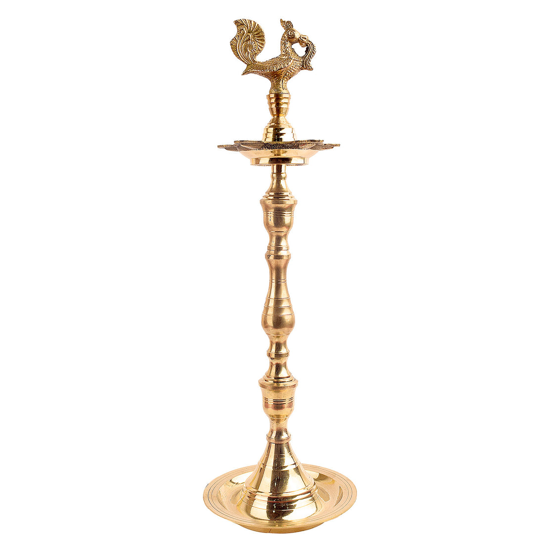 17 Inch Brass Peacock Kerala Diya – Handcrafted brass diya featuring a detailed peacock motif, ideal for grand pooja rituals, temple lighting, and traditional décor. India’s Largest Pooja Accessories Brand – www.satvikstore.in