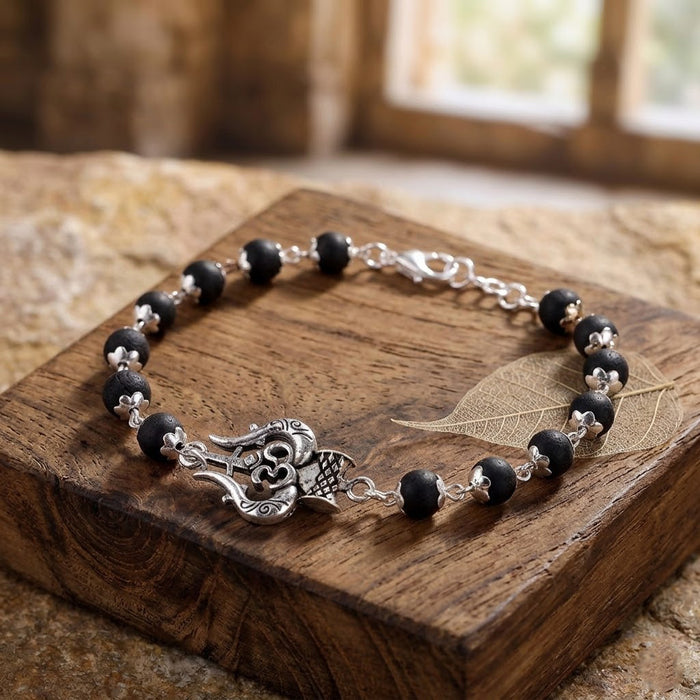 Silver Plated Karungali Bracelet with Om Trishul Charm