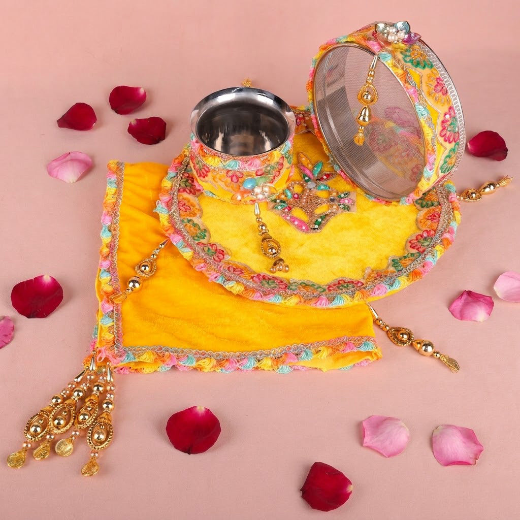 11 Pc Yellow Embroidery Karwa Chauth Thali Set