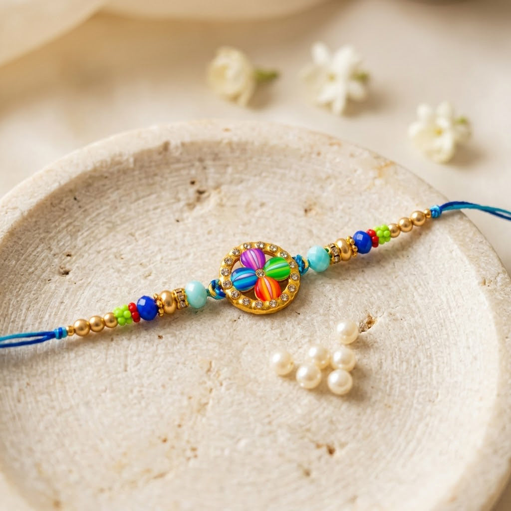 Elegance Rainbow Enamel Floral Medallion Beaded Rakhi