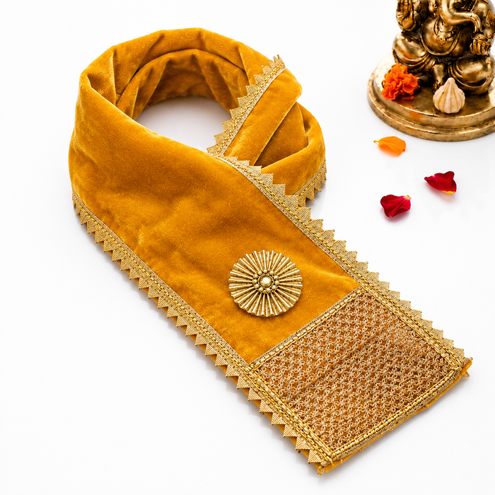 Designer Yellow Velvet Ganpati Idol Patka with Zig-Zag Border