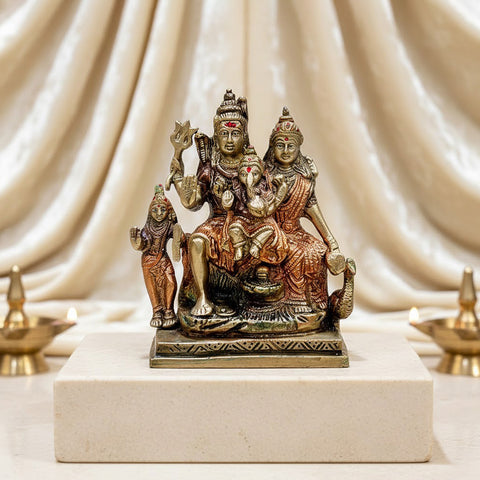 5.5 Inch Shiv Family Statue – Handcrafted Divine Brass Sculpture Depicting Lord Shiva, Goddess Parvati, Lord Ganesha, and Kartikeya, Symbolizing Unity, Strength, and Blessings for Home Temple. No.1 Brass Idol Store www.satvikstore.in 