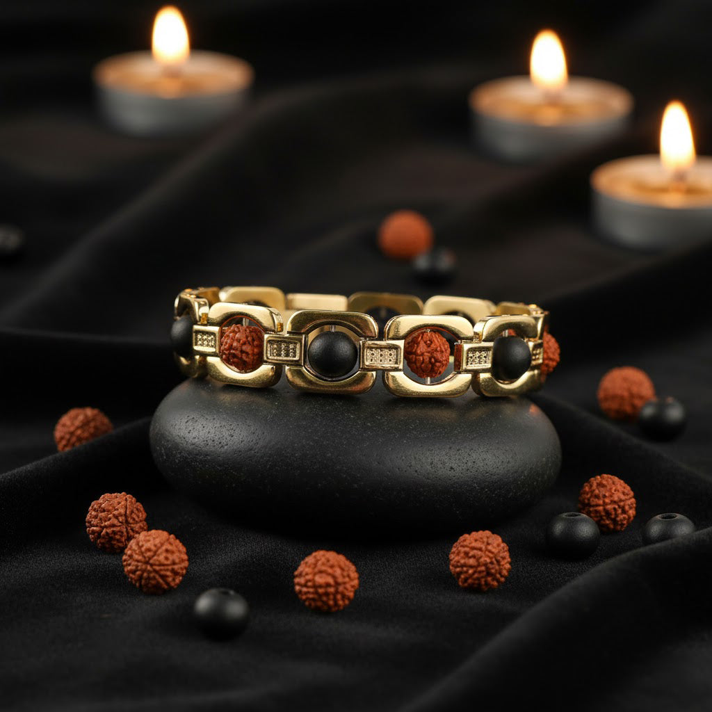 Gold Plated Karungali & Rudraksha Bracelet Unisex Spiritual Wear