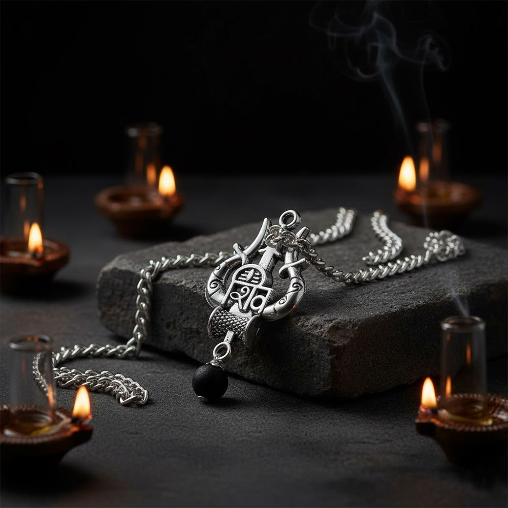 Silver Plated Pendant Shiv Name & Trishul - with karungali Bead
