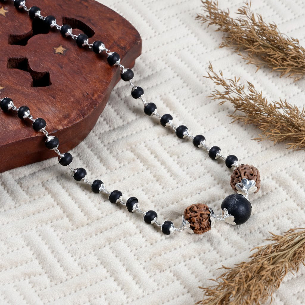 Silver Plated Karungali Mala 8mm with Rudraksha Govt Certified