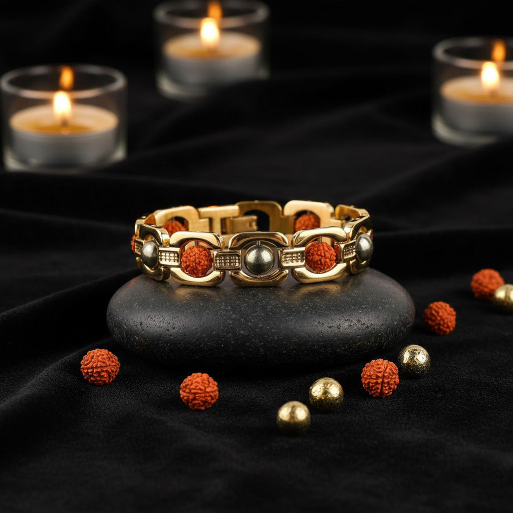 Gold Plated Pyrite Rudraksha Bracelet Premium IGP Coating