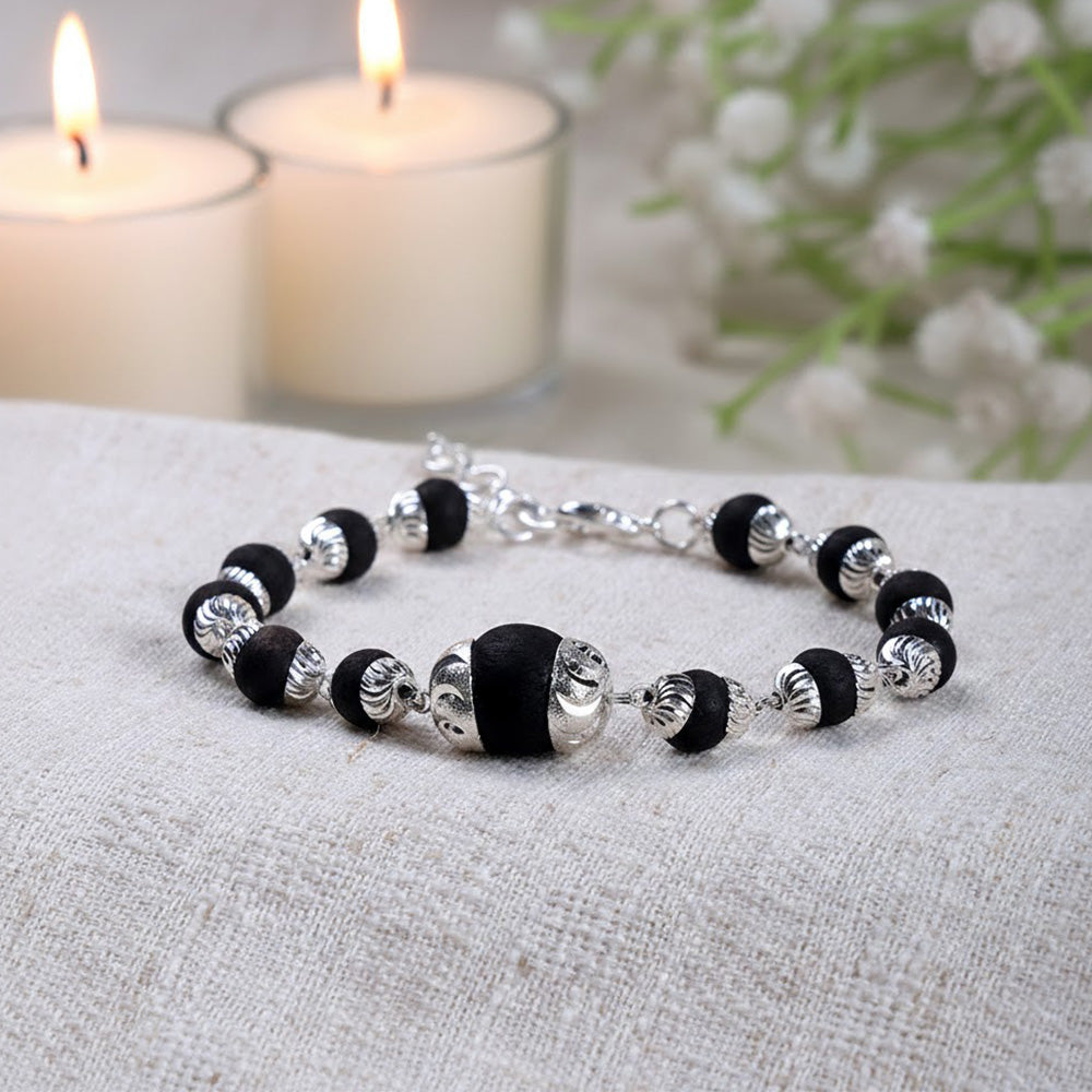 8mm Silver Plated Karungali Bracelet with Big Bead Govt Certified