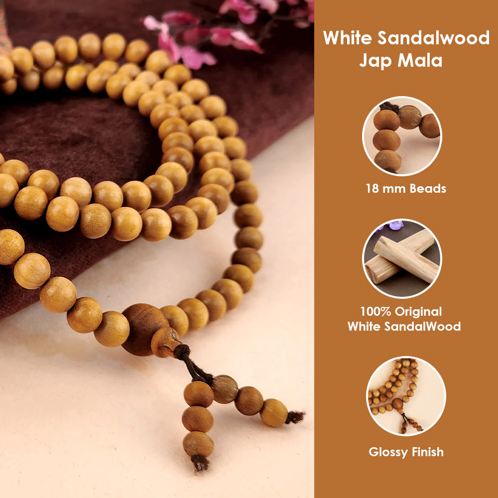 Certified 18mm 100% Original Authentic Mysore White Sandalwood (Chandan) Jap Mala