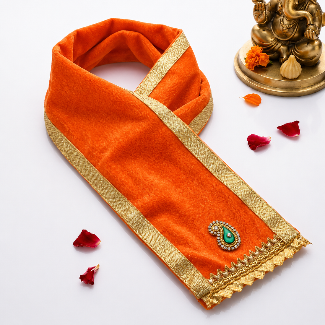 Royal Orange Velvet Ganesha Idol Patka - 31 Inch