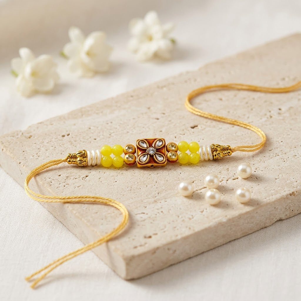 Bright Yellow Beaded Square Floral Kundan Medallion Rakhi