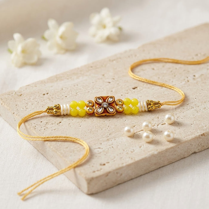 Bright Yellow Beaded Square Floral Kundan Medallion Rakhi