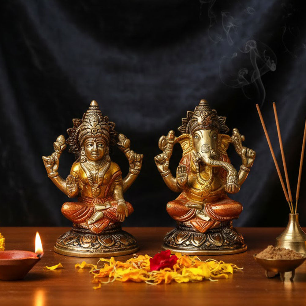 5 Inch Brass Laxmi Ganesha Pair Idol