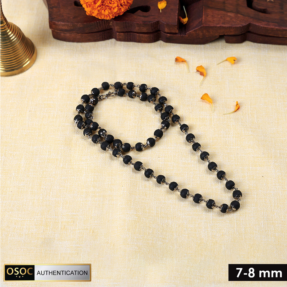 Government certified Karungali mala with silver-plated capping, designed for spiritual protection, meditation, and positive energy. India’s Premium Jap Mala Store - www.satvikstore.in