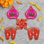 Pink & Red Stone Work Shubh Labh and Charan Paduka Set of 5
