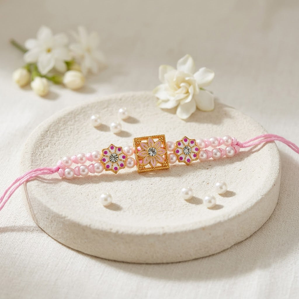 Pink Pearl Double Line Floral Meenakari Designer Rakhi