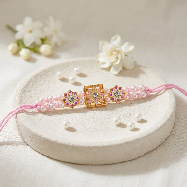 Pink Pearl Double Line Floral Meenakari Designer Rakhi