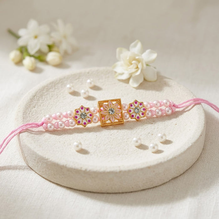 Pink Pearl Double Line Floral Meenakari Designer Rakhi