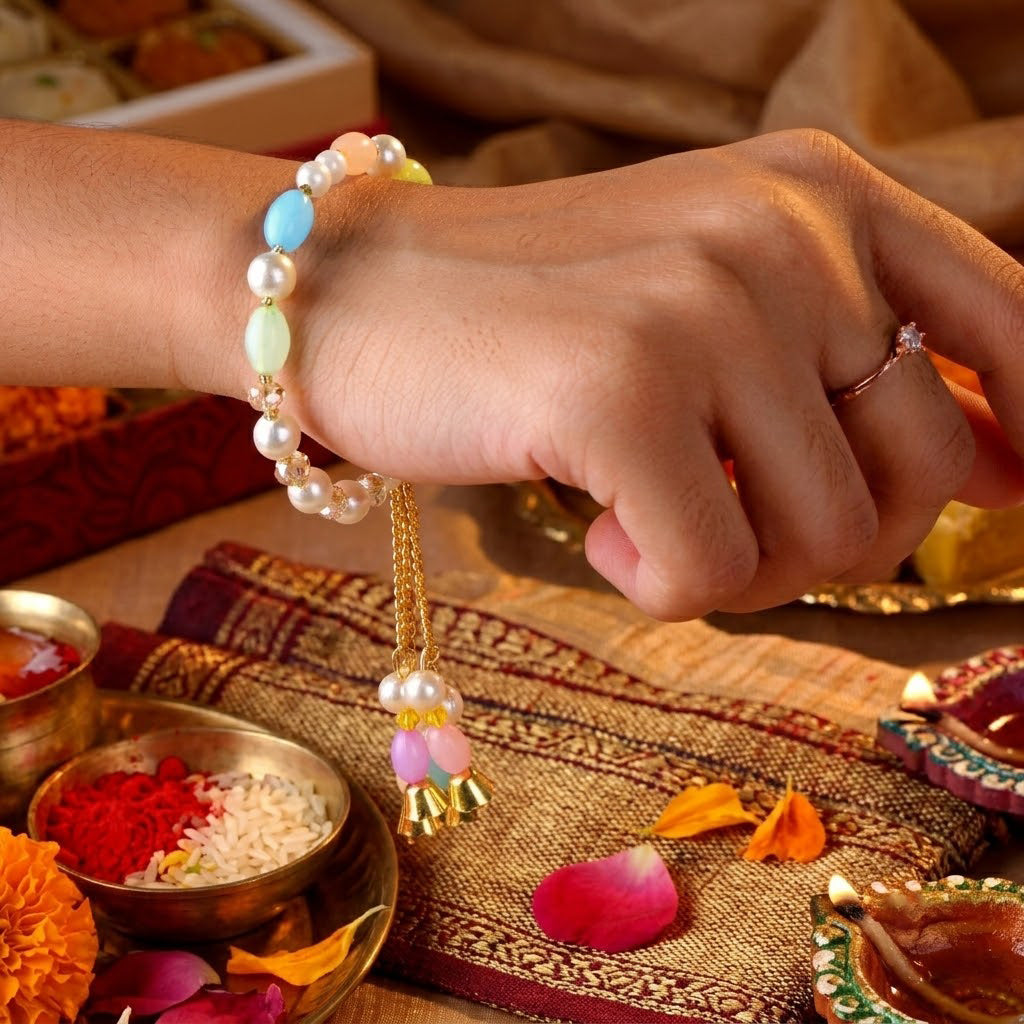 Elegant Pastel Pearl Beaded Designer Lumba Rakhi