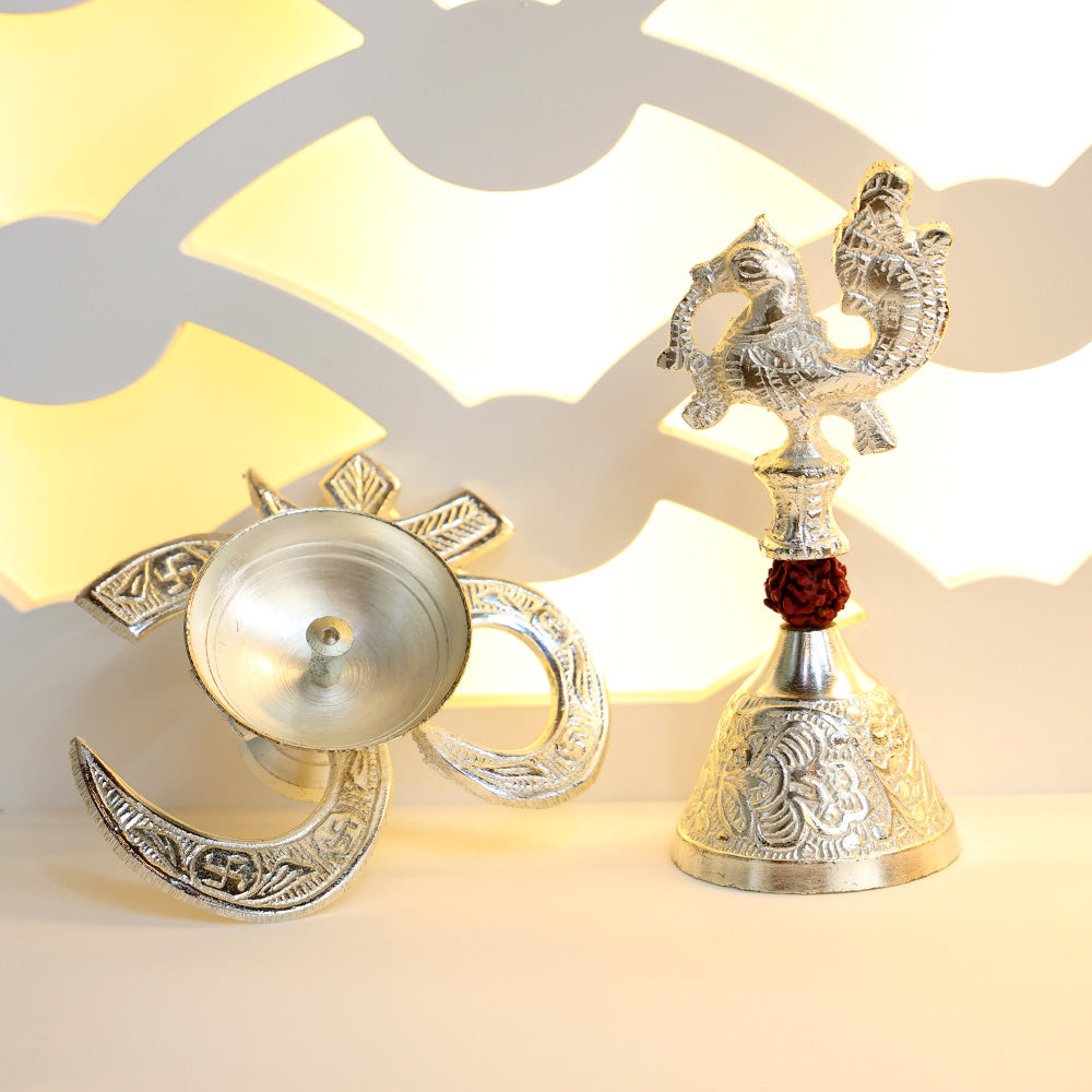 Silver Om Diya with Rudraksh Bell – Silver Plated Pooja Lamp Spiritual Use