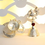Silver Om Diya with Rudraksh Bell – Silver Plated Pooja Lamp Spiritual Use