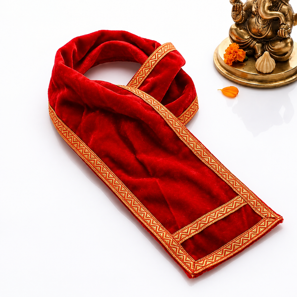 Red Velvet Ganpati Idol Patka with Zig-Zag Gold Border - 32 Inch