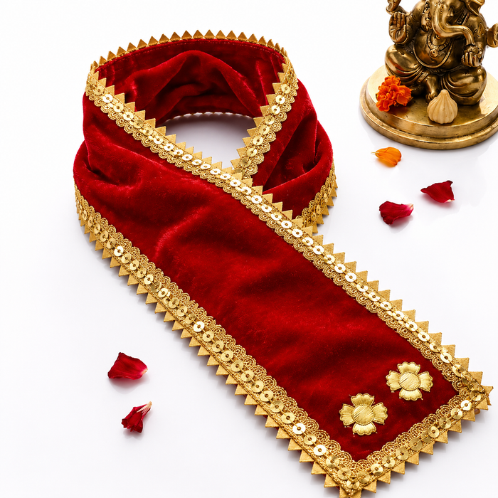 Red Velvet Twin Flower Ganpati Idol Patka with Sequin Lace