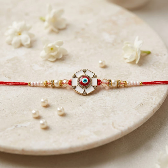 Elegance White Meenakari and Red Evil Eye Designer Rakhi