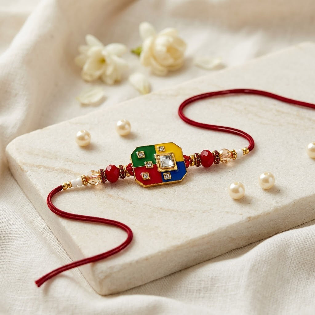 Traditional Four Color Enamel Dial Solitaire Stone Rakhi