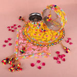 11 Pc Elegant Yellow & Pink Embroidery Karwa Chauth Thali Set