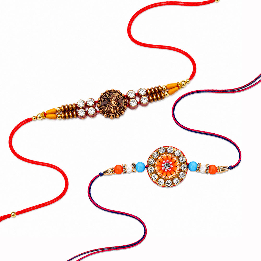 Traditional Divine Krishna and Orange Flower Rakhi (Set of 2)