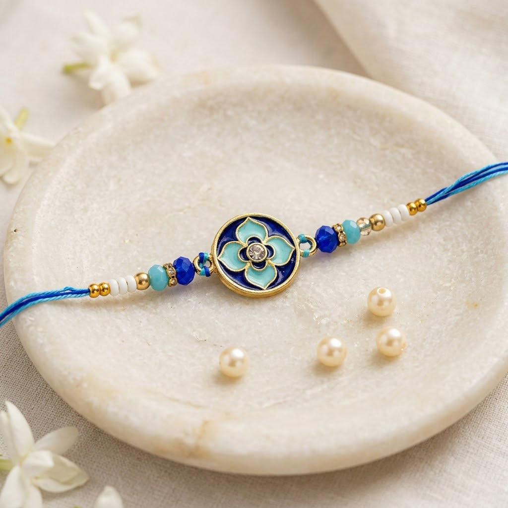Traditional Royal Blue Floral Enamel Dial Rakhi