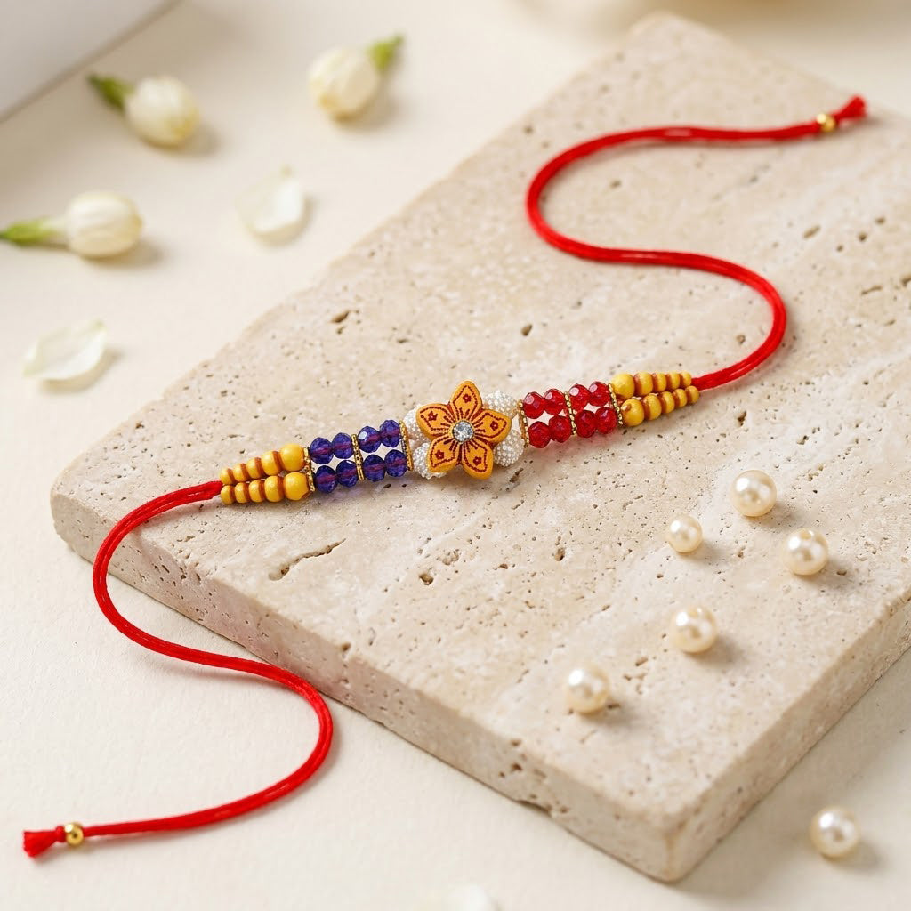 Vibrant Red Blue Crystal and Yellow Bead Wooden Floral Rakhi