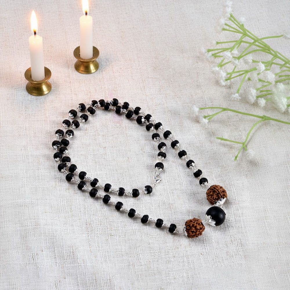 Silver Plated Karungali Mala 8mm with Rudraksha Govt Certified