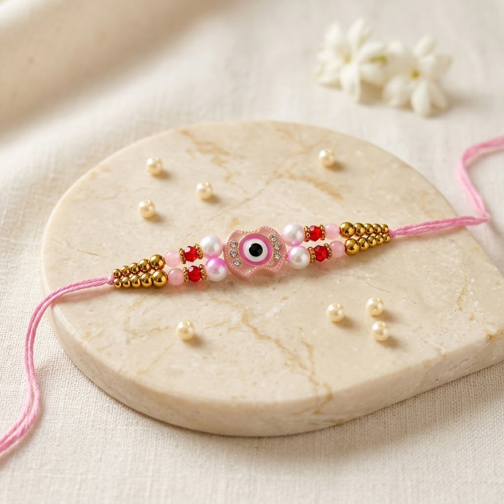 Pretty Pink Enamel Medallion Double Strand Beaded Rakhi