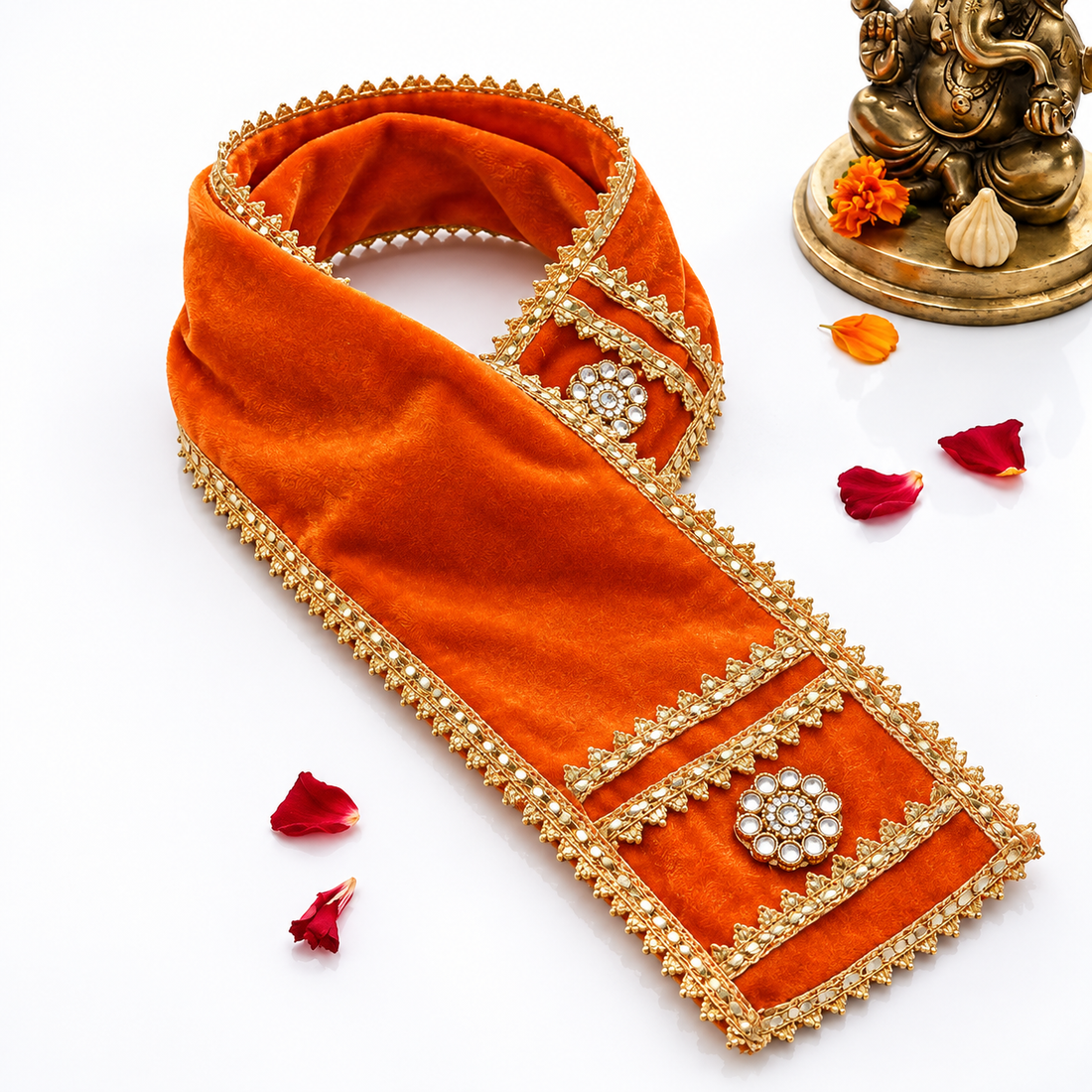 Exclusive Orange Velvet Ganpati Idol Patka with Floral Embellishment