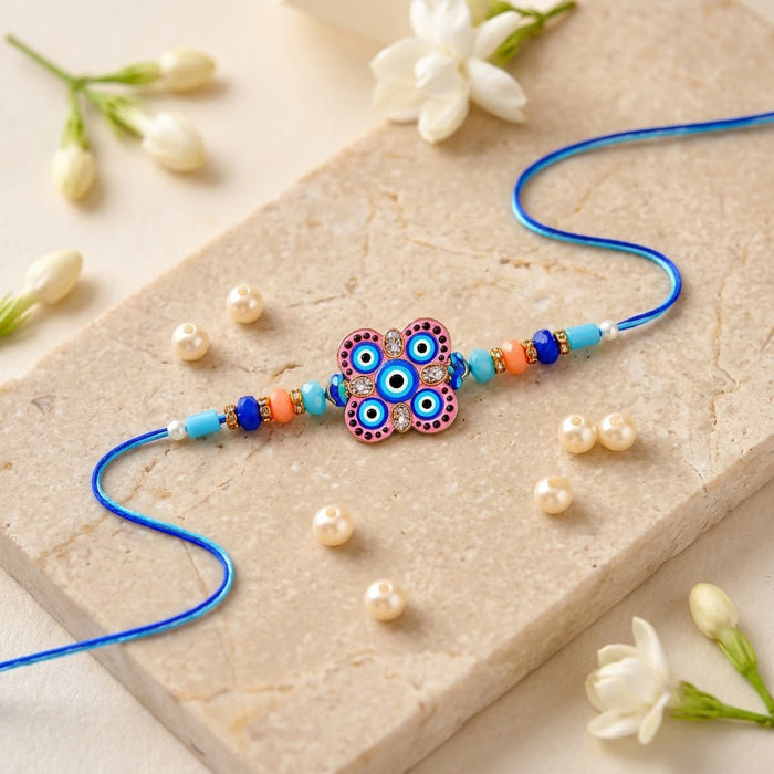 Evil Eye Floral Medallion Blue Crystal Beaded Rakhi