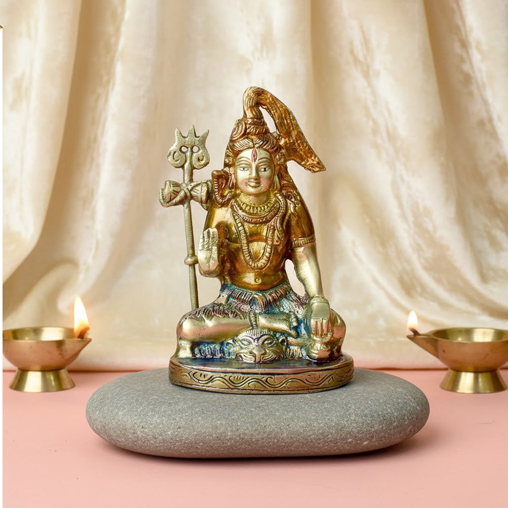 6 Inch Brass Shiv Idol featuring a detailed Divine Lord Shiva statue, perfect for worship, home temple, and spiritual decor. No.1 Brass Idol Store www.satvikstore.in 
