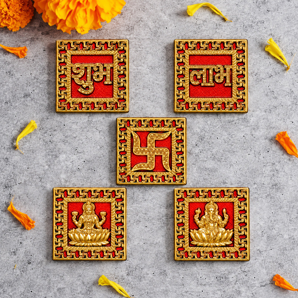 Ornate Square Gold Finished Shubh Labh and Deity Stickers Set of 5