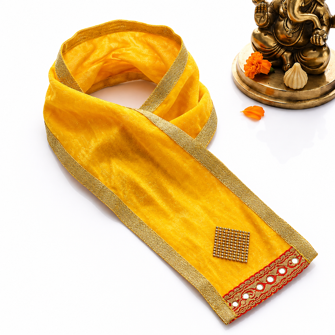 Elegant Yellow Velvet Ganpati Idol Patka with Mirror Embellishment