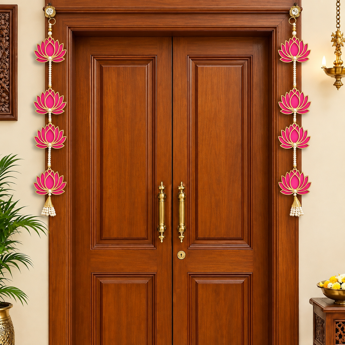 2 Pc 15.5 Inch Red Lotus Latkan Decorative Toran/Wall Hanging
