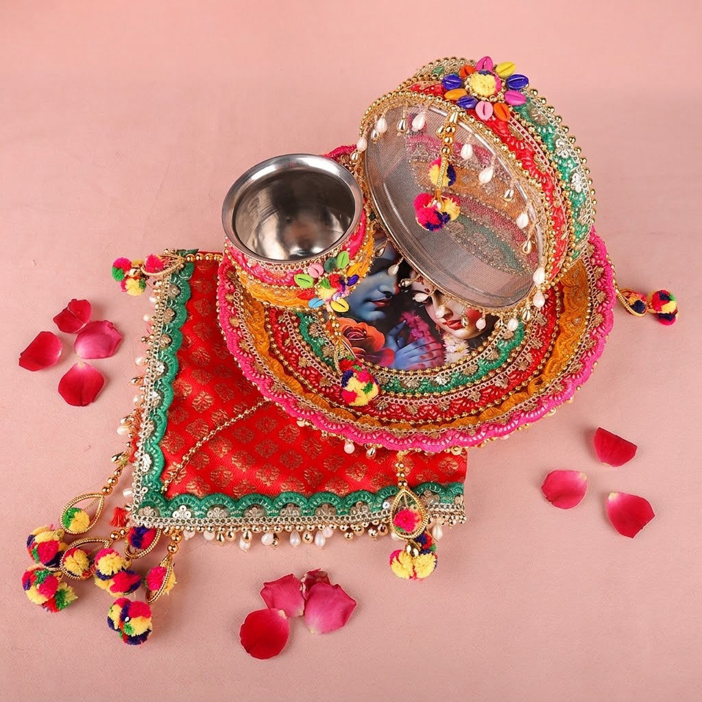 11 Pc Vibrant Red Radha Krishna Designer Karwa Chauth Thali Set