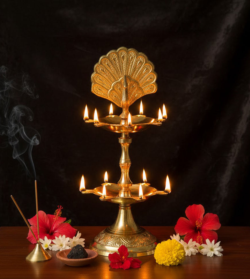 6.1 Inch Brass Flying Peacock 2 Step Kerala Samai Deepam