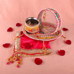 11 Pc Deep Pink Embroidery Karwa Chauth Thali Set