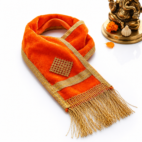 Orange Velvet Ganpati Idol Patka with Gold Lace 14 Inch