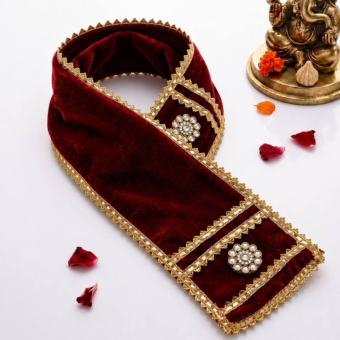 Decorative Maroon Velvet Ganpati Idol Patka with Floral Medallions