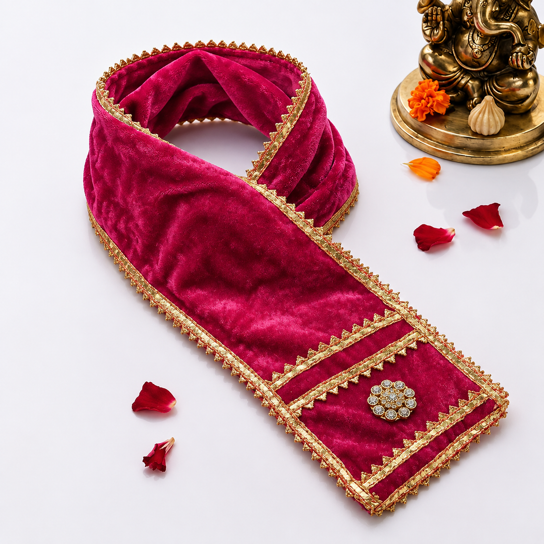 Traditional Pink Velvet Ganpati Idol Patka with Gold Border
